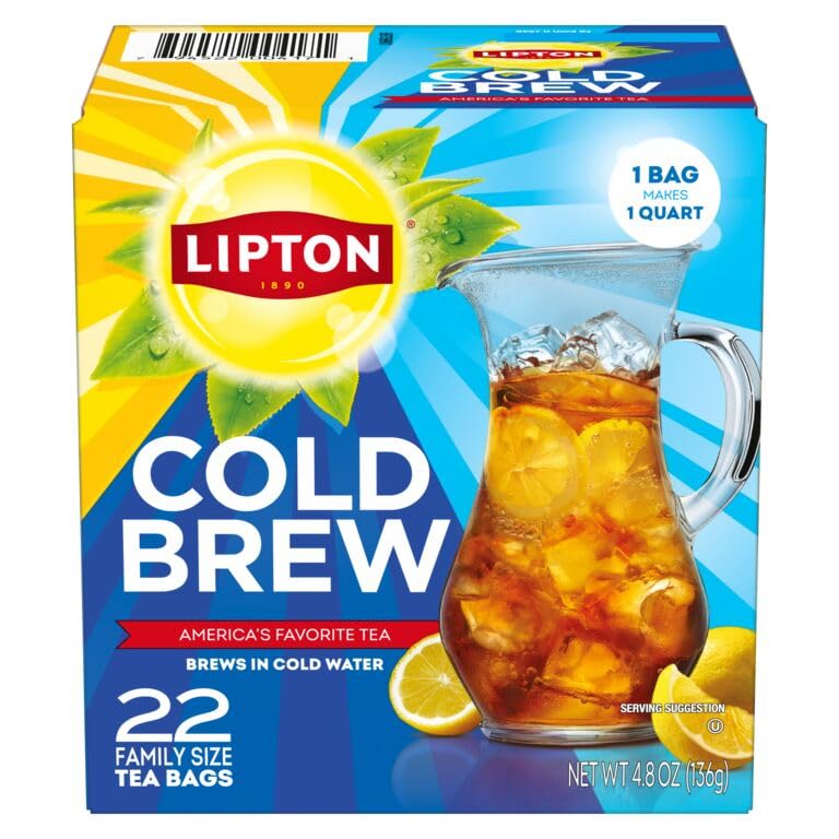 Lipton 콜드 브루 아이스 티백, 패밀리 사이즈 제로 칼로리, 끓이지 않고 쉽게 만들 수 있음, 티백 총 22개