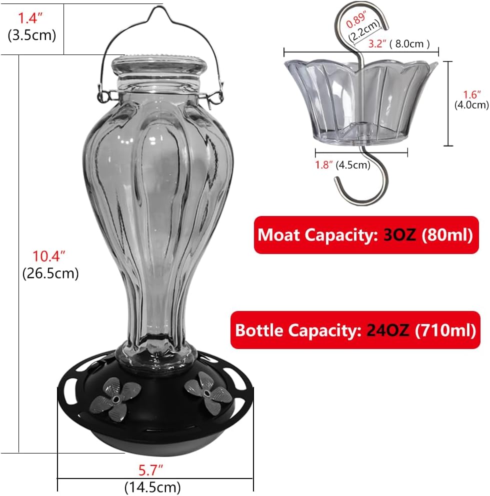 Hummingbird Feeder for Outdoors Hanging - Red Glass Nectar Feeding Bottle Including Clear Ant Moat - 24 OZ (710ml), 4 Red Flower Ports, Black Cover