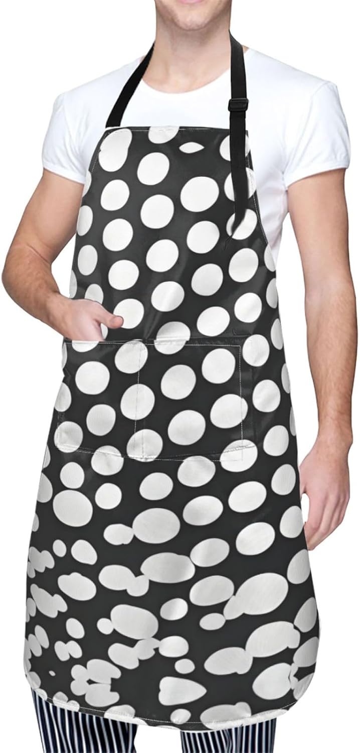 Black White Polka Dots Pattern print Waterproof chef's apron with pocket apron for kitchen cooking baking barbecue and gardening