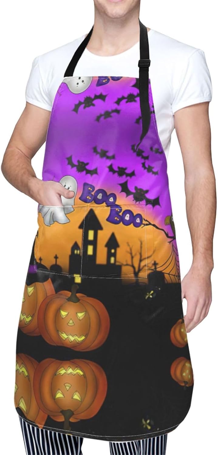 Halloween Owl Ghost Pumpkin Print 28 x 33in Waterproof Apron with Pockets Fashionable Versatile Smock for Baking