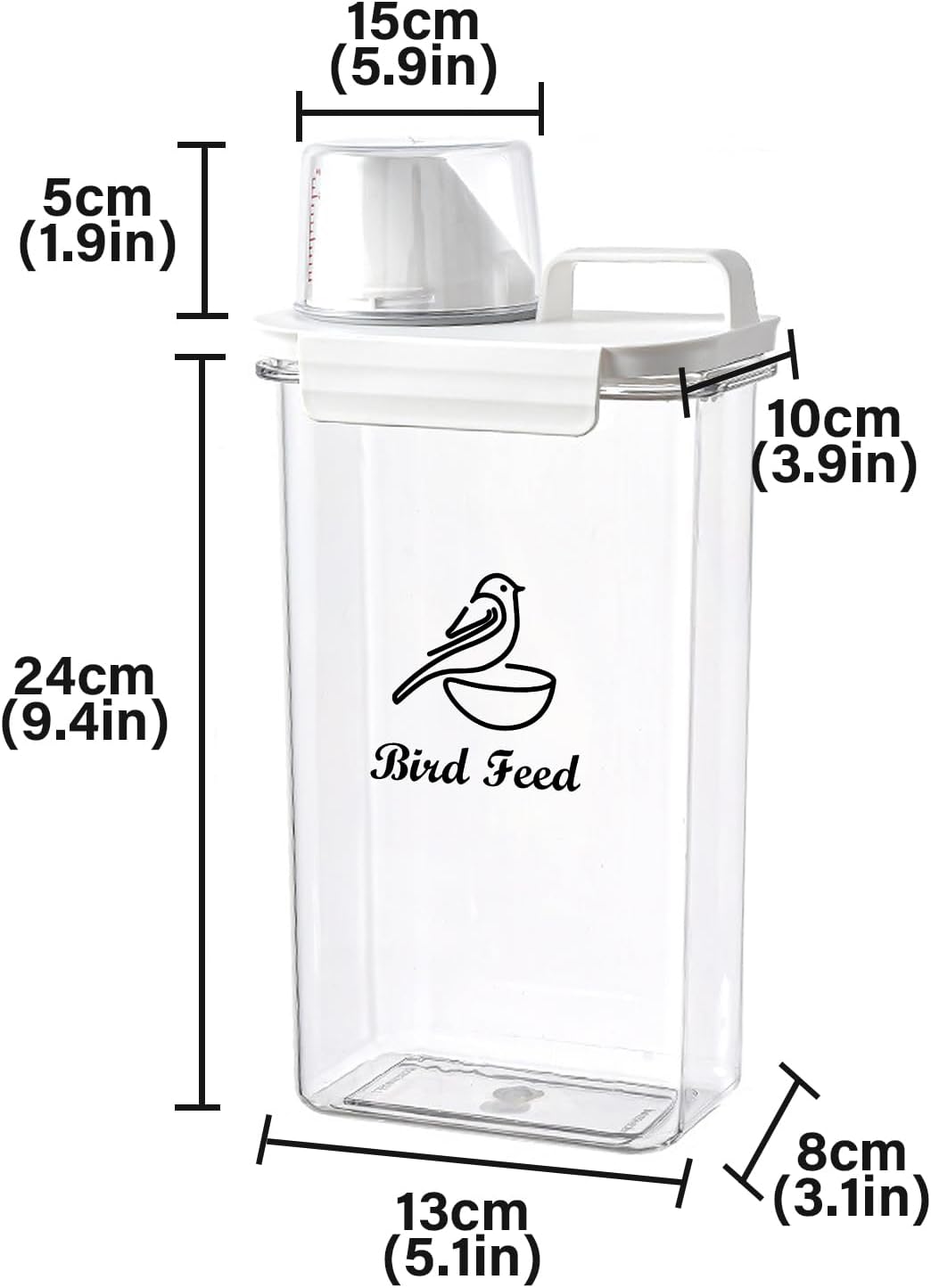 Bird Seed Storage Container Portable,2.5L/3 Qt Airtight Pet Food Container with Measuring Cup,Bird Food Container for Wild Bird Sunflower Seed-BPA Free Transparent