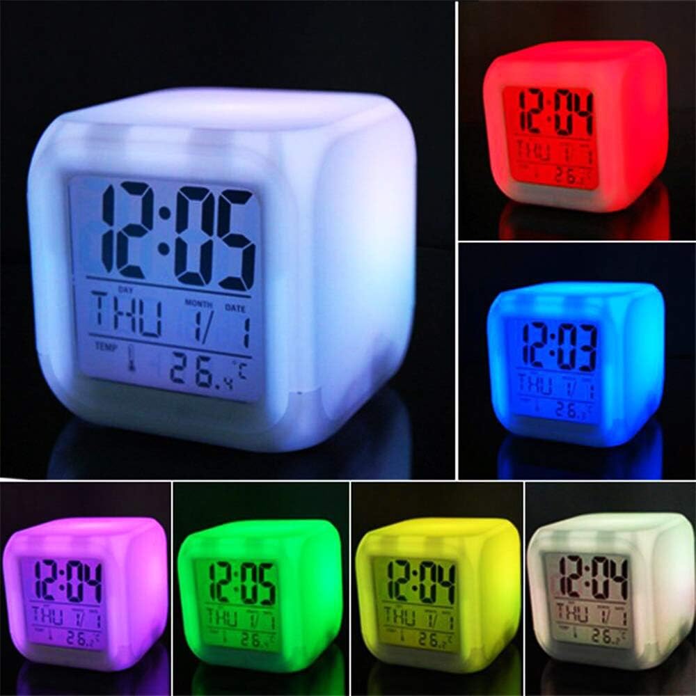 7 Colors LED Alarm Clock Digital Thermometer Alarm Clock Night Light for Kids Bedroom Home Decor Black Cat on Planters Pot
