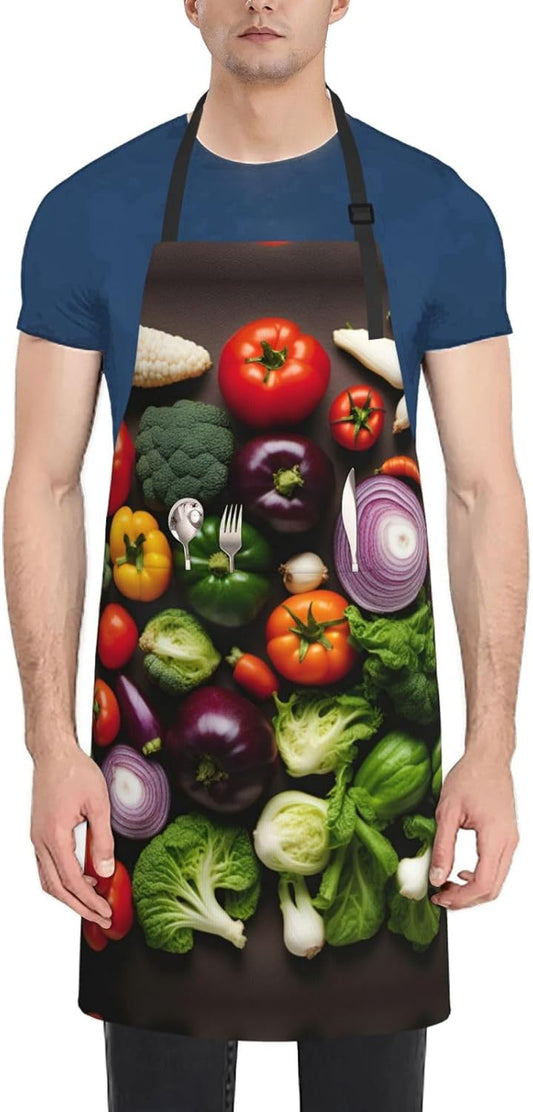 Introduction of various vegetables print Waterproof chef's apron with pocket apron for kitchen cooking baking barbecue and gardening
