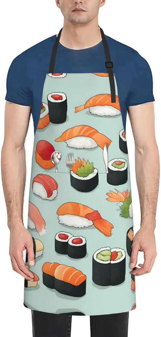 Delicious sushi print Waterproof chef's apron with pocket apron for kitchen cooking baking barbecue and gardening