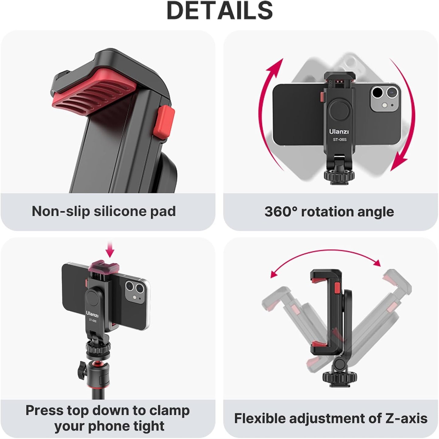 ULANZI Phone Tripod Mount ST-06S, Universal Smartphone Mount Adapter with 2 Cold Shoe, 360° Rotates Adjustable Cell Phone Clip Clamp Holder, Compatible with iPhone17/16/15, Samsung Galaxy Smartphones