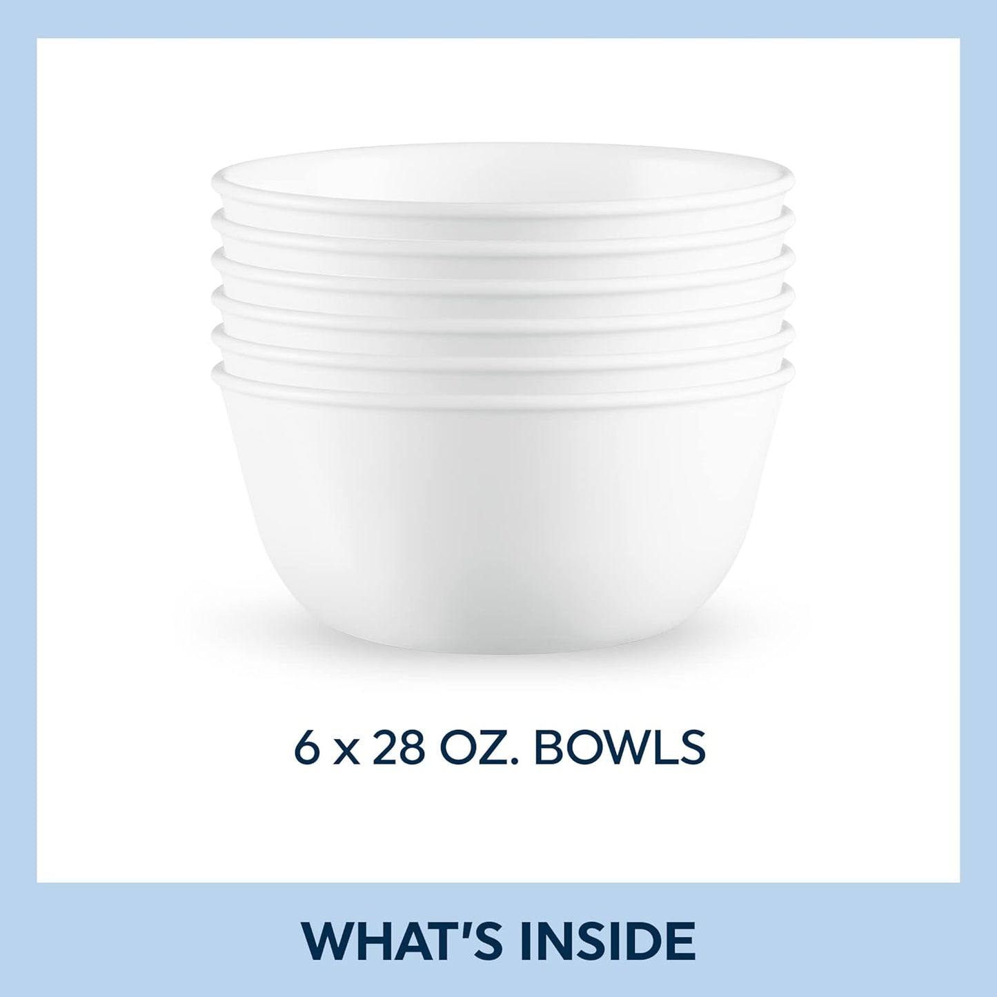 Corelle Vitrelle 28-oz Soup/Cereal Bowls Set of 6 Chip & Crack Resistant Dinnerware Bowls for Soup, Ramen, Cereal and More, Triple Layer Glass, Winter Frost White