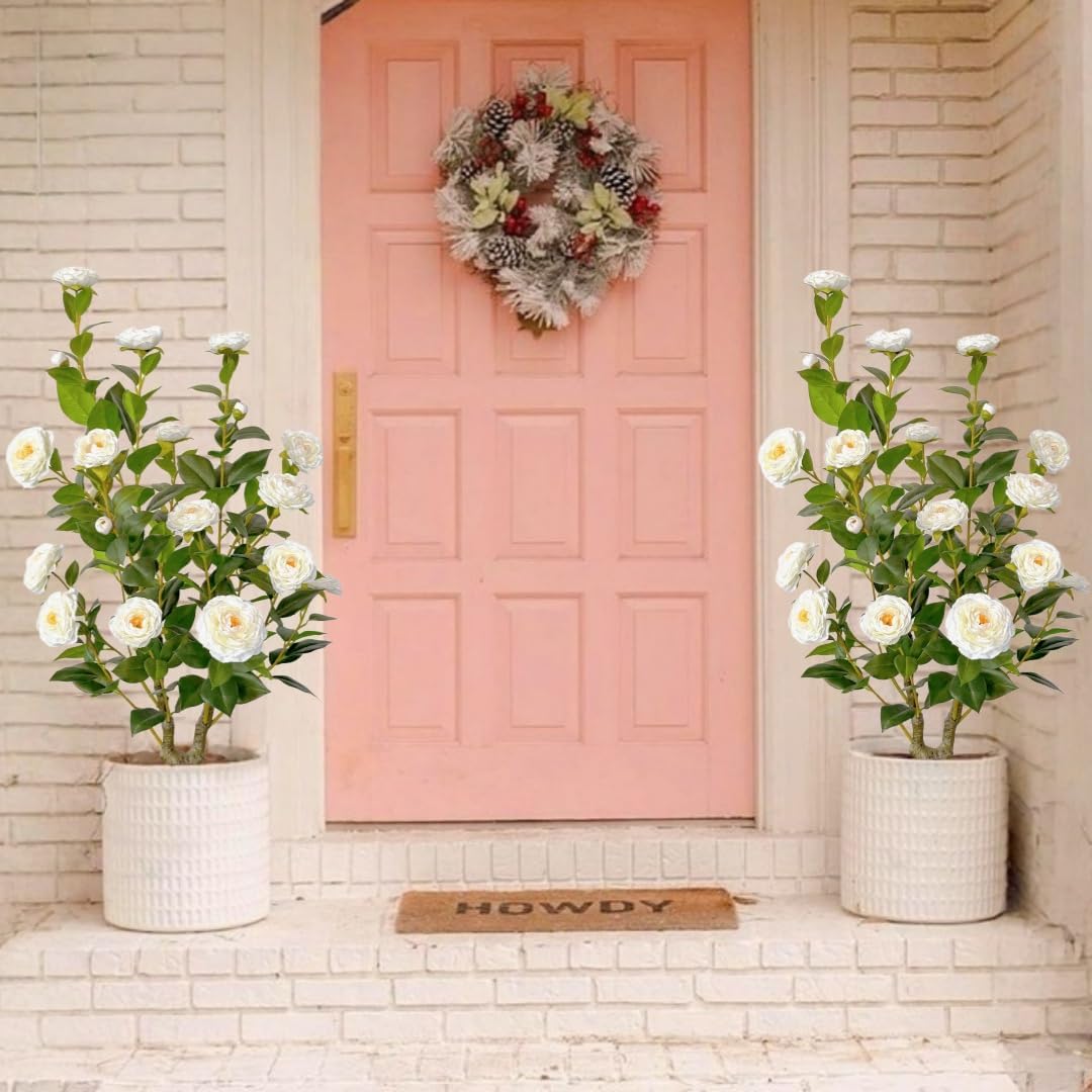 2pcs Artificial Camellia Tree 38 inch, Faux Plants Outdoor Artificial Flowers, White Tree with Planter Pot & 24 Flowers, for Home Indoor or Outdoor Decor