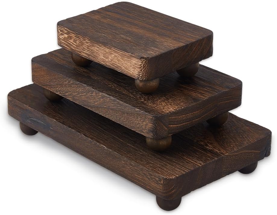 DICOSMETIC 3Pcs Rectangle Wooden Risers Farmhouse Pedestal Stand Coffee Bathroom Counter Sink Decor Countertop Plant Riser Wooden Kitchen Display Tray for Indoor Outdoor Soap Candles Cup