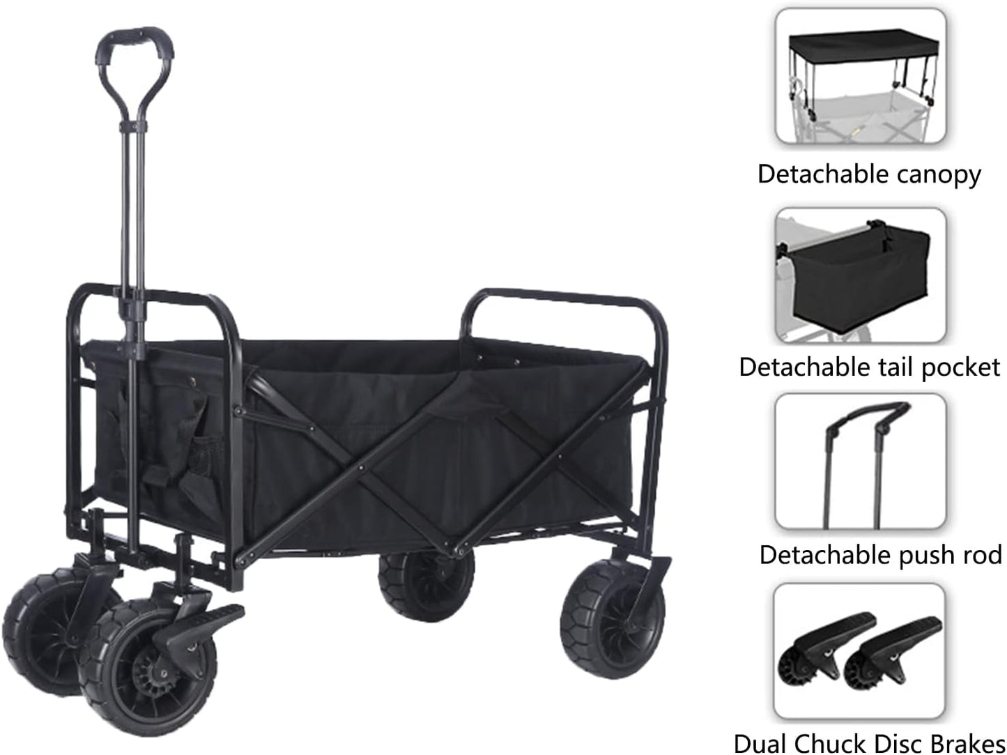 Collapsible Folding Garden Cart with Canopy, Portable Utility Wagon with Off-Road Wheels for Beach, Camping, Grocery & Sports - 220lbs Capacity, Durable Black Transport Trailer