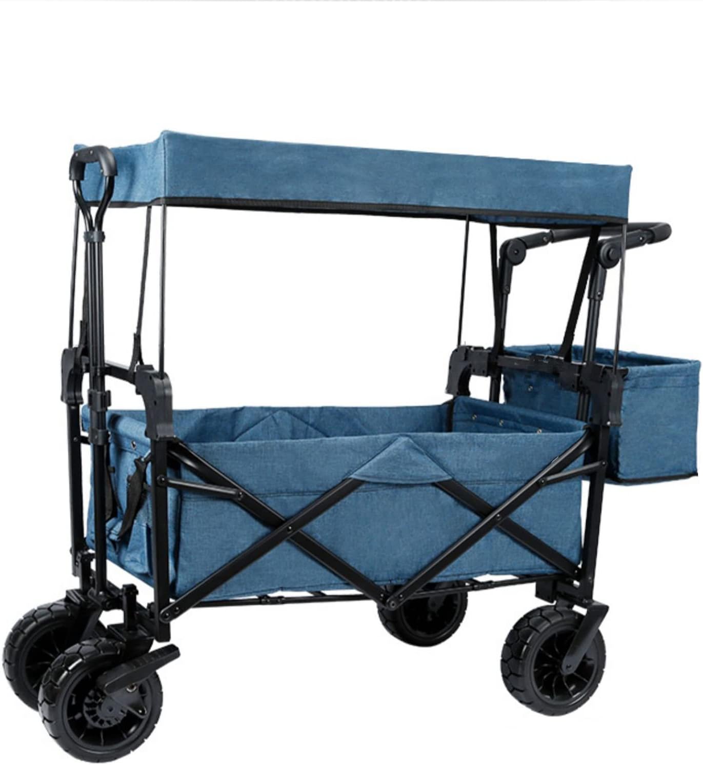 Collapsible Folding Wagon with Canopy - Portable Garden Cart for Beach, Camping & Sports - Off-Road Wheels, 220lbs Capacity, Lightweight & Durable, Blue