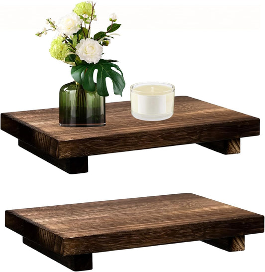 2 PCS Wood Pedestal Stand Risers for Decor, Small Wooden Tray Farmhouse Bathroom Decor for Soap Bottle Plant Makeup Candles Towels Jewelry, 9 x 5.9 x 1.57 Inch