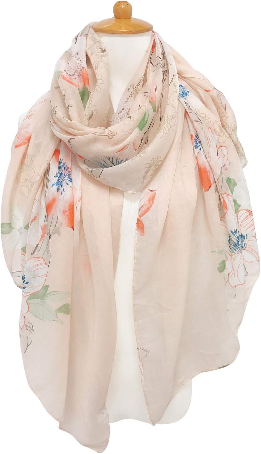 GERINLY Lightweight Scarves Fashion Flowers Print Women Cotton Wrap Sc