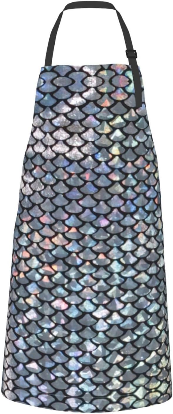 Silver fish scale print Waterproof apron with pocket adjustable cookin