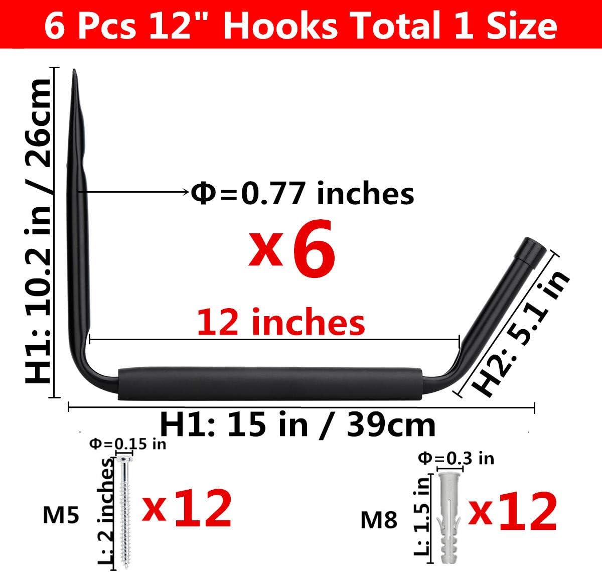 Garage Storage Jumbo Arm Hook Heavy Duty Wall Mount Organizer Utility Garden Hanger with EVA Protector, 6 Pcs 15" Kayak Storage Hooks