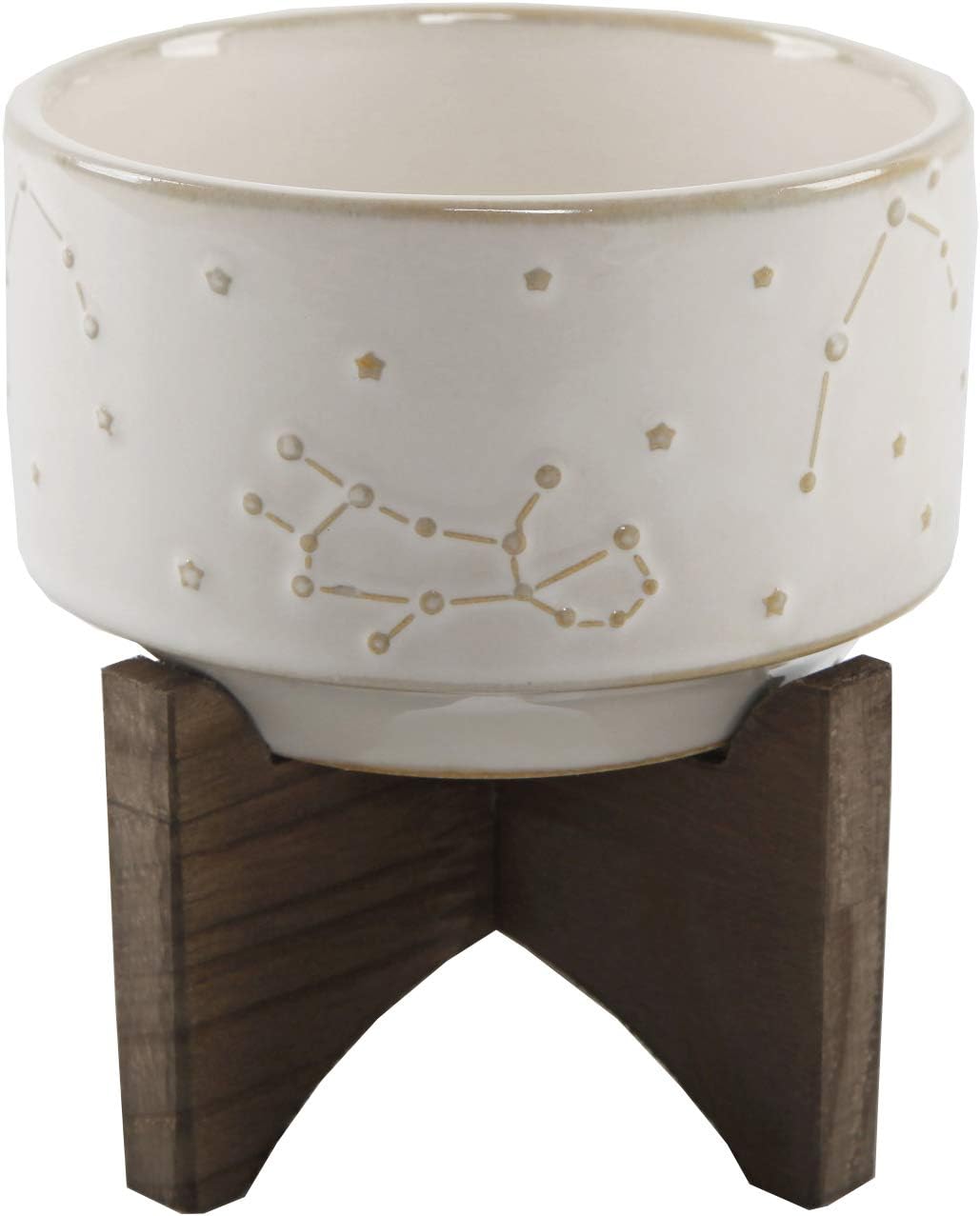 Flora Bunda 4 Inch Constellation Ceramic Pot on Wood Stand Mid Century,Ivory 4"