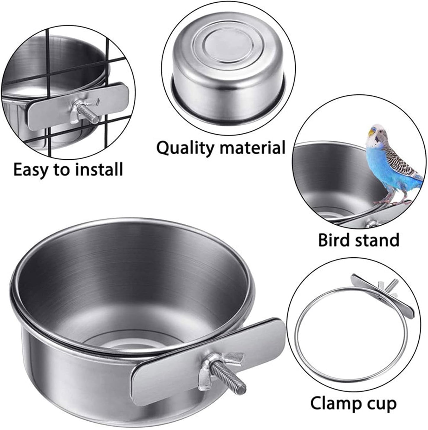 Bird Feeder Bowls for Cage Stainless Steel Dish Parrot Food Bowl Feeding Cup Clamp Holder for Small Pets 2pcs Bird Feeding Dish Parrot Removable Stainless Steel Bowl Clamp Holder Birds Food Dish