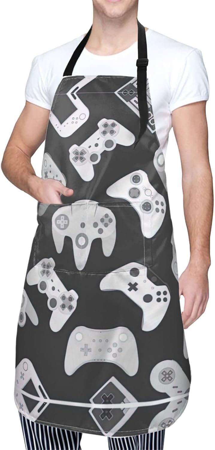Game Controller Print 28x33 In Adult Kitchen Apron with Pockets Versatile Chef Smock for Cooking Baking