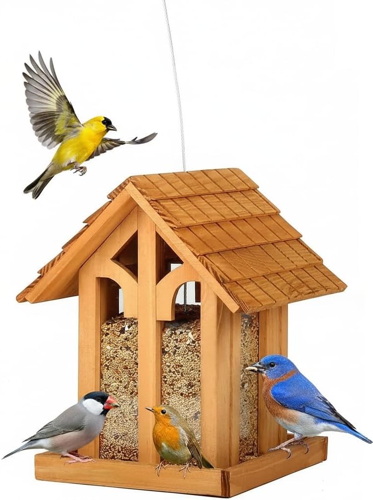 Large Bird Feeder for Outside Clearance, Hanging Birdfeeder for OutdoorCedar Wood Wild Bird Feeder- Holiday Delight, 10 Lbs Seed Capacity Wood Birdfeeder. (Chalet)