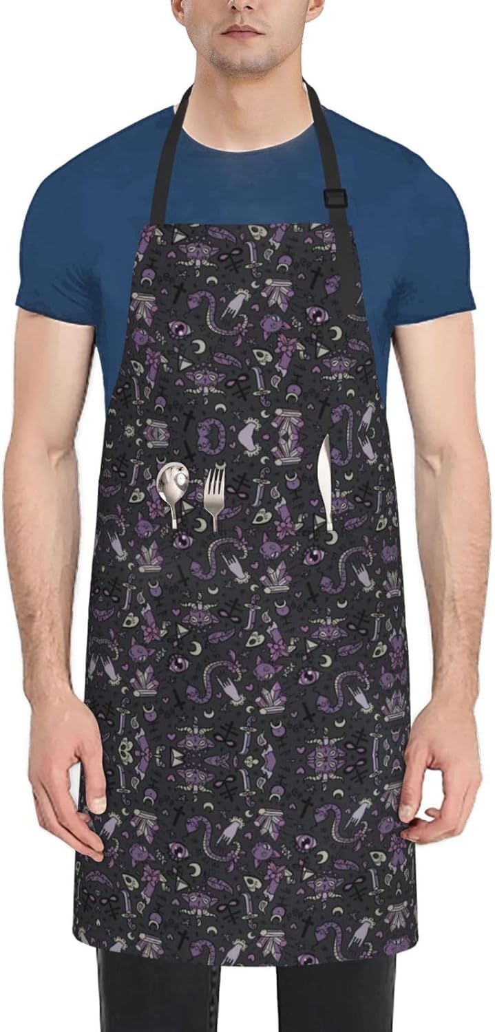 Purple Black Goth Spooky Print 28x33 In Adult Kitchen Apron with Pockets Versatile Chef Smock for Cooking Baking