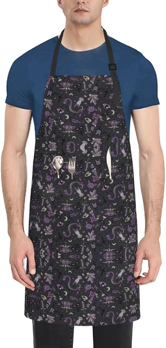 Purple Black Goth Spooky Print 28x33 In Adult Kitchen Apron with Pockets Versatile Chef Smock for Cooking Baking