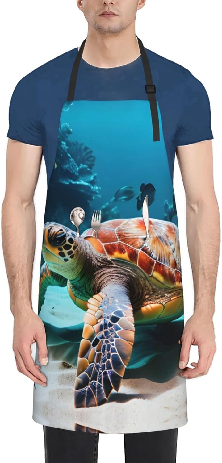 Sea Turtle Print Laundry apron 28x33 In Waterproof Kitchen Apron with Pockets for Cooking Baking
