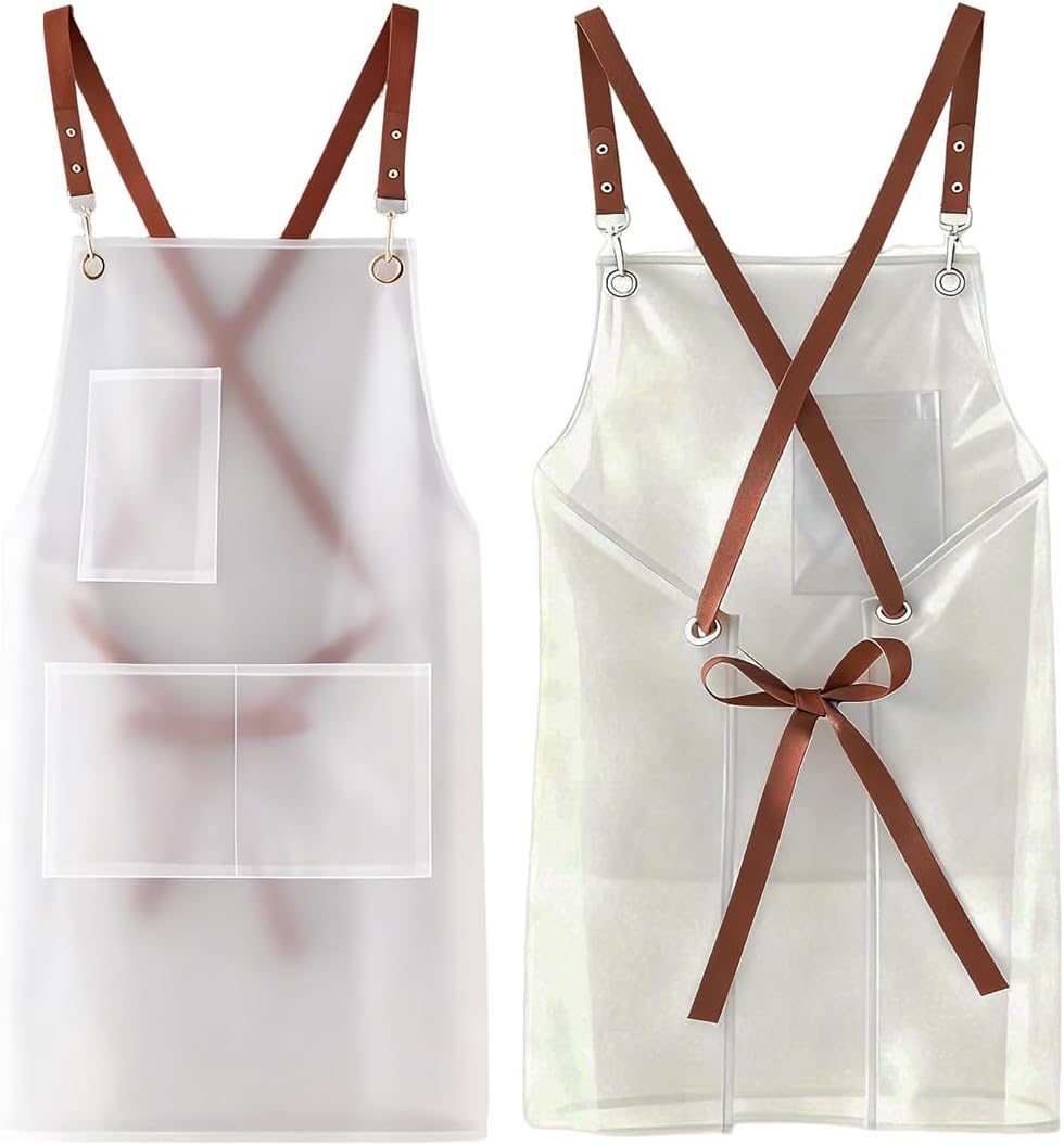 2 Pack Waterproof Translucent Apron with Large Pockets,Cross Back Apro