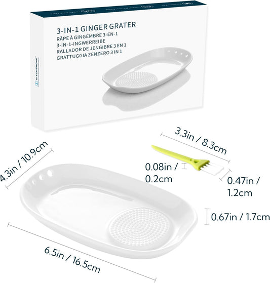 KITCHENDAO 3 in 1 Porcelain Ginger Grater Tool Spoon Rest Herb Stripper, 6.5 x 4.3 inches for Kitchen, Japanese Ceramic Garlic Grinding Wasabi Grater Plate Dish for Daikon Radish & Parmesan Cheese
