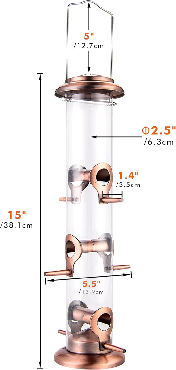 iBorn Metal Bird Feeders Brushed Copper Wild Bird Feeder for Outdoors Hanging All Metal Brushed Copper Finishing 15 Inch 6 Port(Seed is not Included)