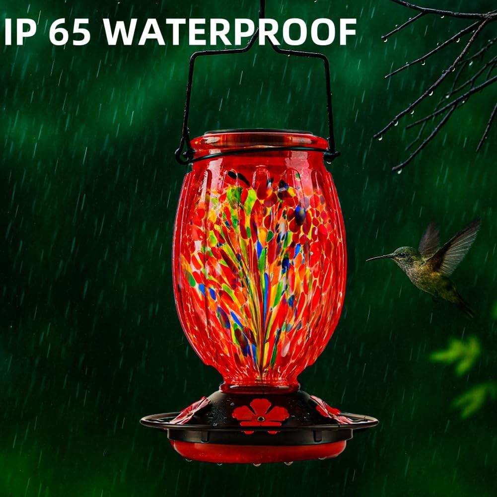 Solar Hummingbird Feeder for Outdoors Hanging Patio Designed 32 Ounces Colorful Hand Blown Glass Hummingbird Feeder 5 Feeding Ports with Perch Never Leak (Red)