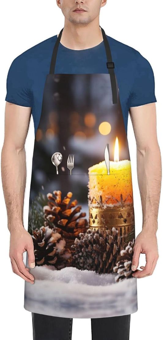 Candle Winter Snow Fir Tree Leaves print Waterproof apron with pocket adjustable cooking apron for adult kitchen bibs to bake
