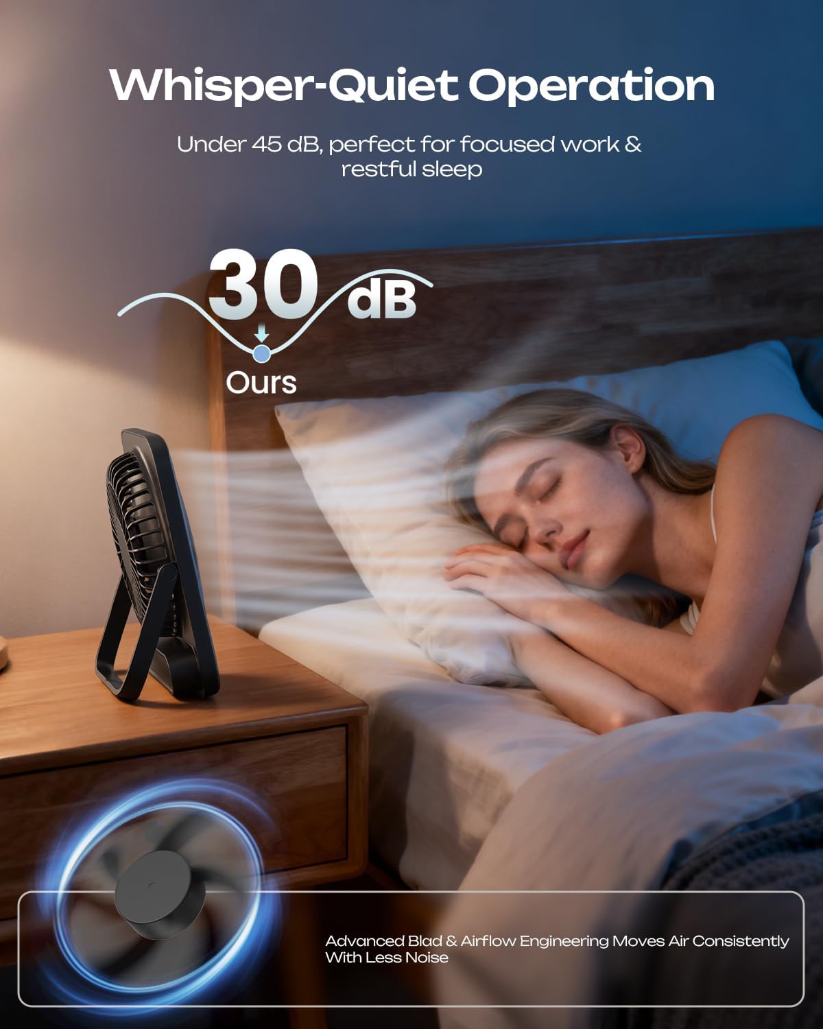Otlonpe Personal Portable Desk Fan, 4000mAh Small Rechargeable Portable Fan Battery Operated & USB Powered for Travel Sleeping Bedroom Office Home Table, Cordless, Quiet, 4-Speed, 6.5 Inch (Black)