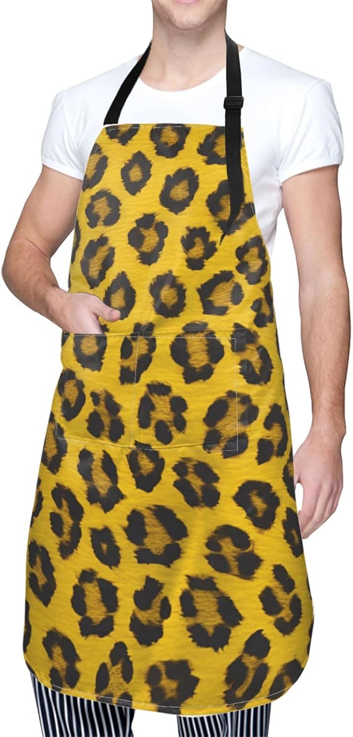 Yellow Leopard Print 28x33 In Kitchen Apron Stylish Chef Apron with Pockets for Cooking Baking Painting