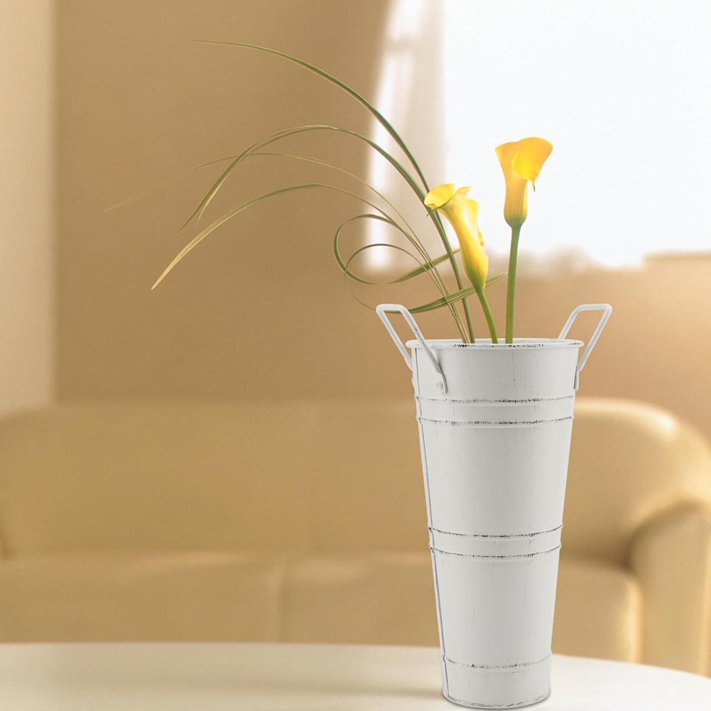 HOIGON 4 PCS Galvanized Metal Flower Vases, 9 Inch Rustic Farmhouse French Bucket with Handles,Metal Flower Holder for Weeding, Table, Home Decoration, White