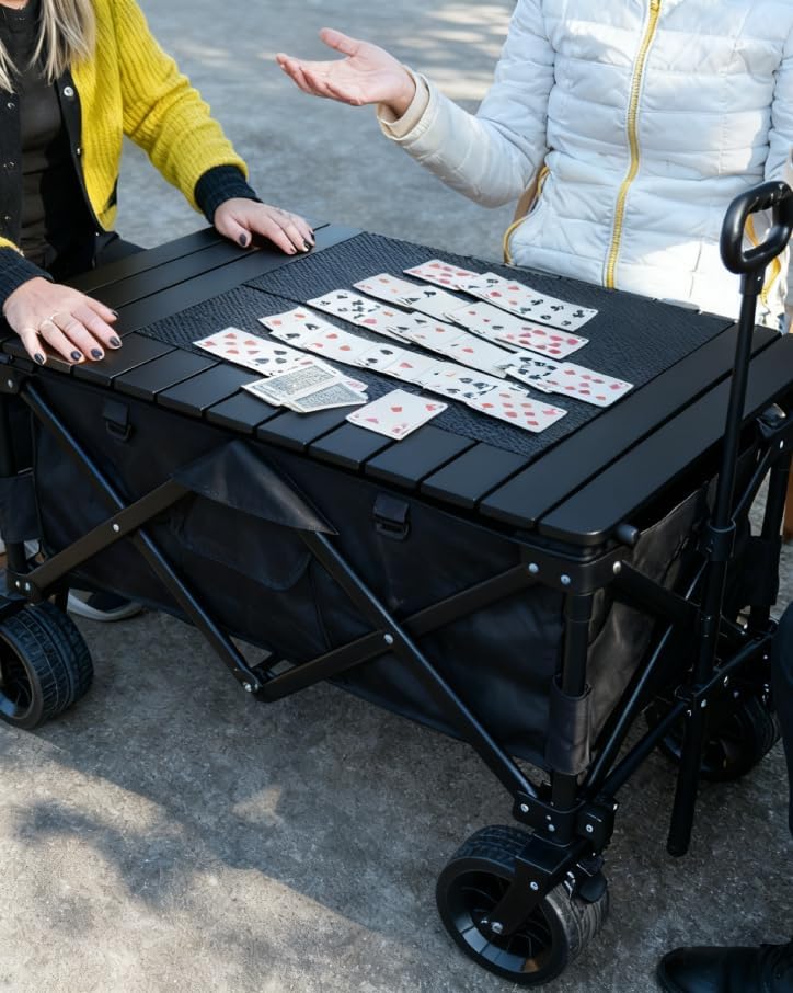 Heavy Duty Collapsible Folding Wagon with Table, 440LBS Capacity Utility Wagon Cart with All-Terrain Wheels, Foldable Beach Camping Wagon for Garden, Sports, Picnics Black