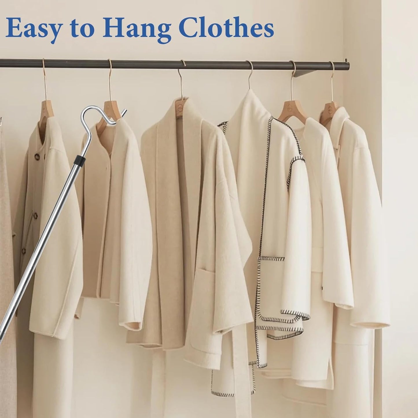 Clothes Hook Pole, Clothes Hanger Reaching Hook for Hanging Clothes Light and Plants Extendable from 35" to 50" Made of Stainless Steel Tube with Sponge Handle (50inch)