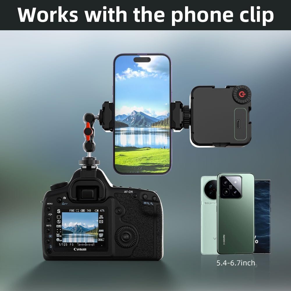 SOH Hot/Cold Shoe Phone Mount Holder, Universal 2 Ball Head Smartphone Mount Adapter, Cold Shoe Phone Clip Mount for iPhone 17/16/15, DSLR Camera LCD Camera Cage Flash LED Light Microphone and More