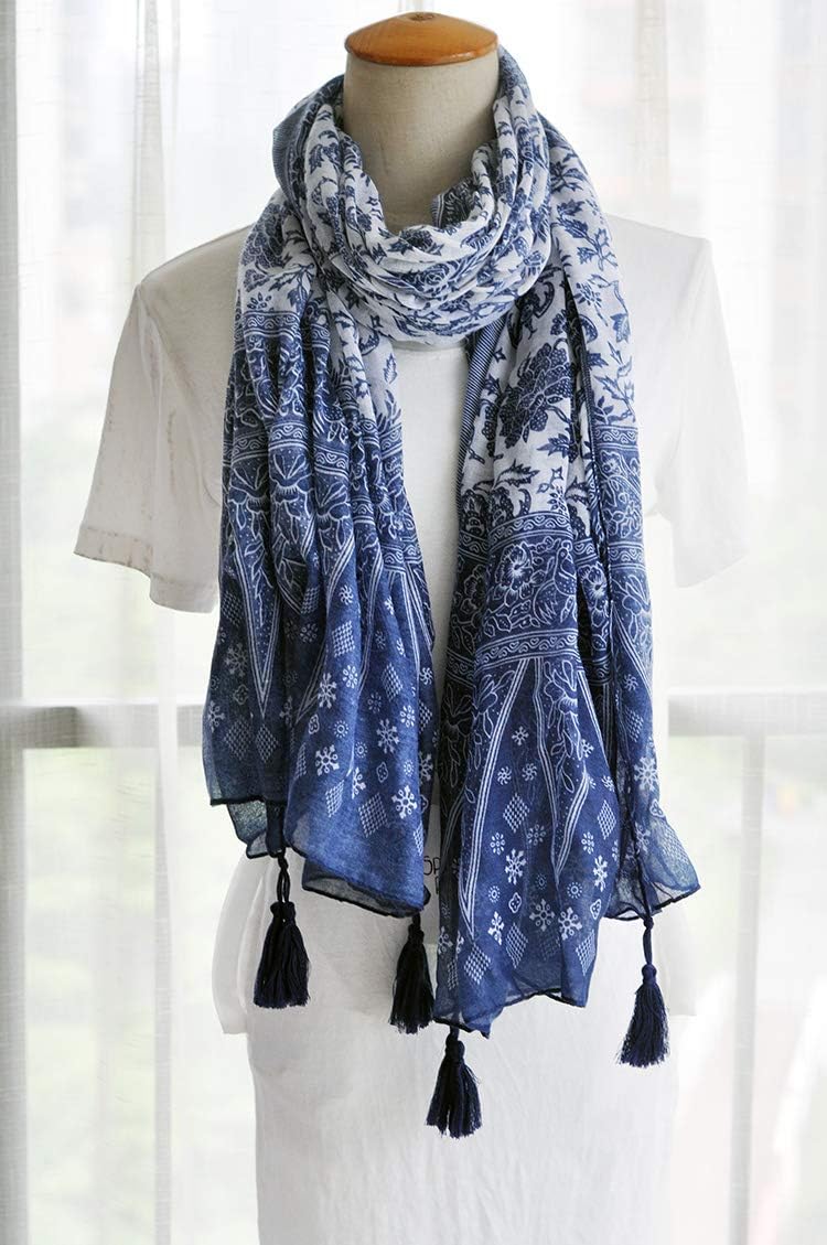 GUZOSJO Women's Boho Cotton Hemp Lightweight Floral Printed Scarf Long