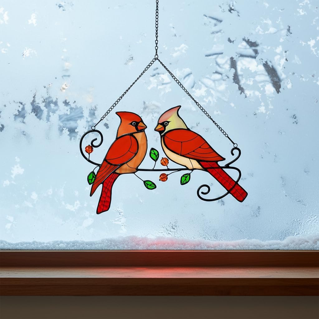 Cardinal Bird Stained Glass Window Hanging, Sun Catchers Indoor Panel, Nautical Suncatcher Decor for Home, Wall, Garden, Coastal Ornament, Gift for Women and Mom