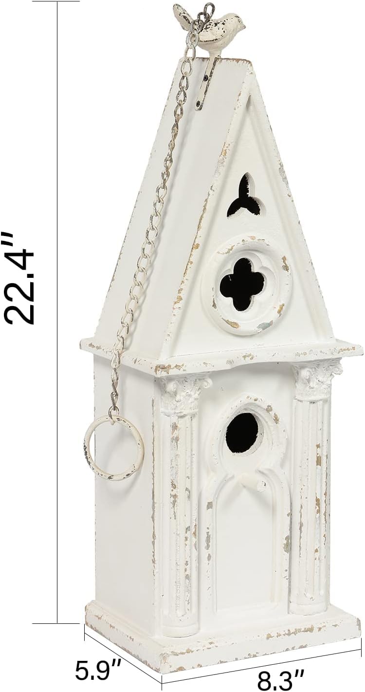 22.4" H Wooden Birdhouse, Hanging Bird Houses for Outside with Pole for Finch, Bluebird, Cardinals, Vintage Church Bird House Garden Patio, Distressed Wood Birdhouse Country Cottages