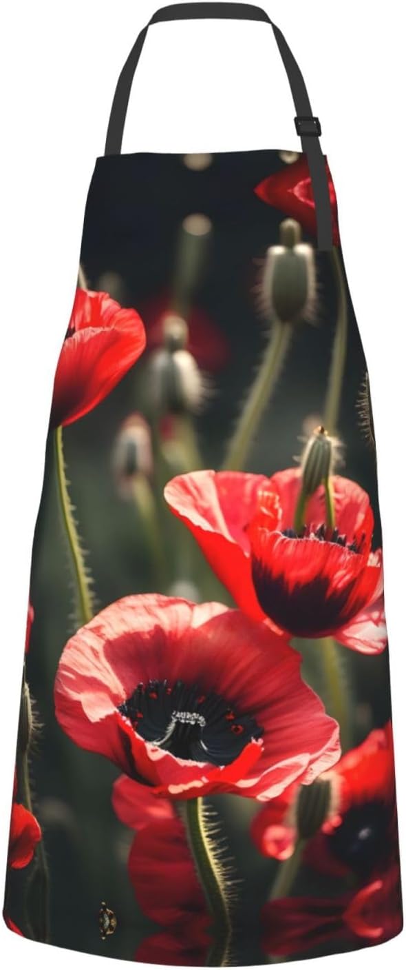 Beautiful Red Poppy Flower Print Laundry apron 28x33 In Waterproof Kitchen Apron with Pockets for Cooking Baking
