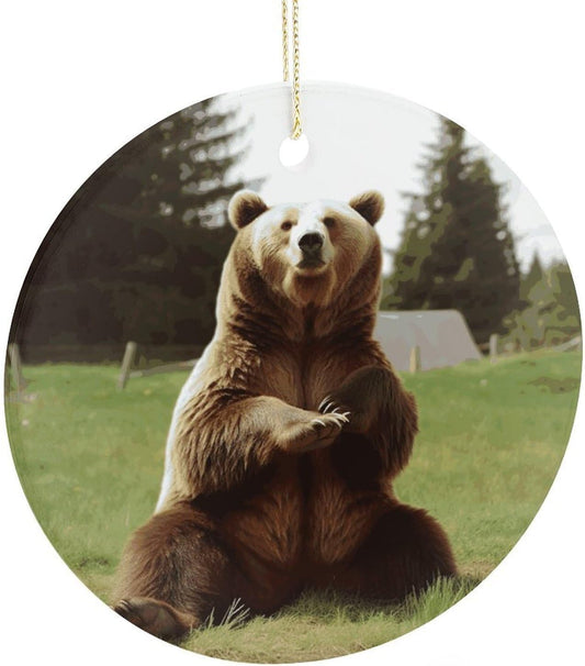 Hi Bear Sit on The Lawn Sublimation Ceramic Ornaments Round Hanging Ornament Fashion Pattern Pendant Double-Sided Printing Hanging Decorations for Home Party Mall Wall Decor