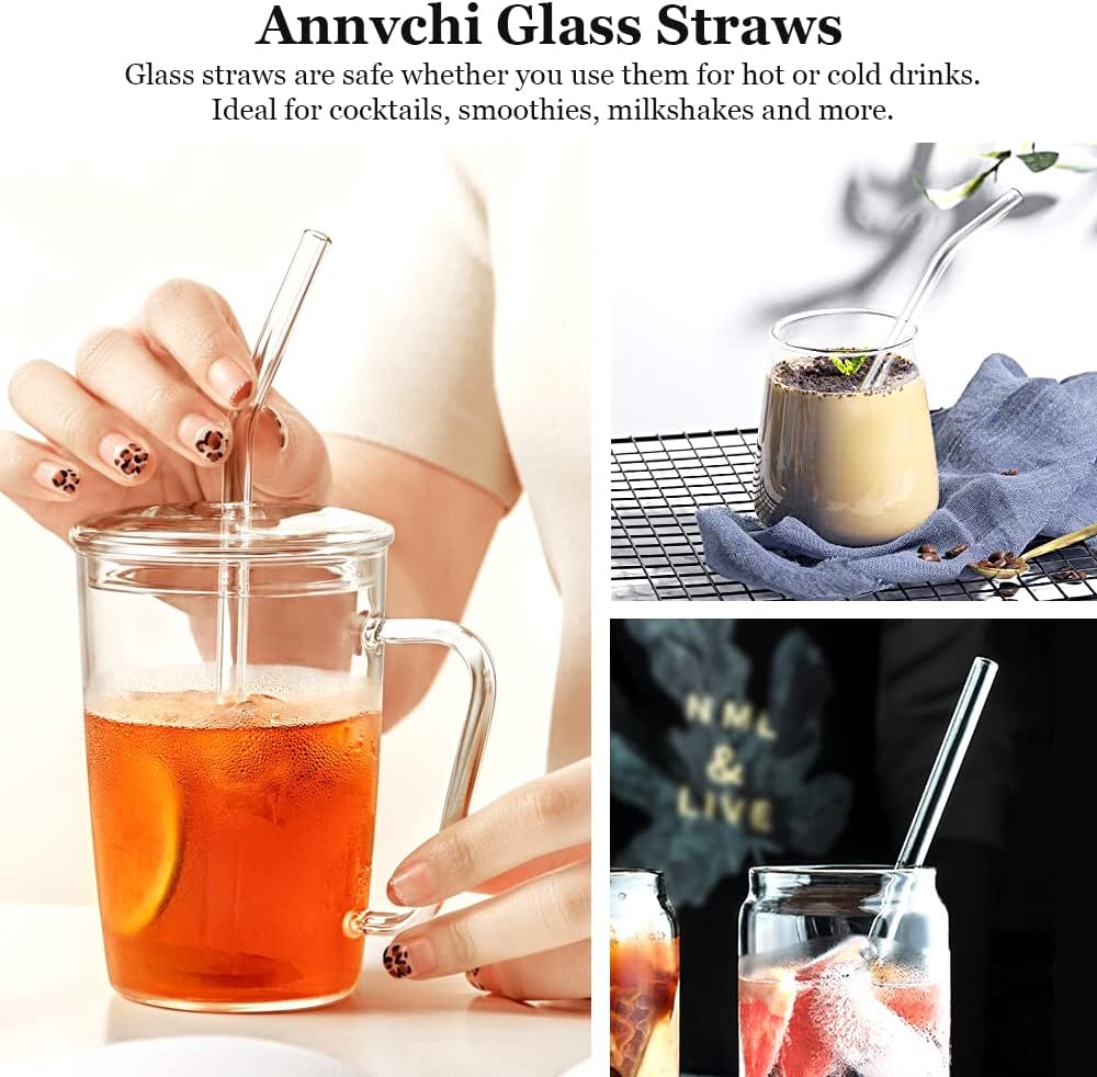 16 Pack Reusable Glass Straws,Set of 6 Straight and 6 Bent with 4 Cleaning Brush,Perfect for Smoothies,Tea, Juice, Milkshakes(8.5''x10 MM)
