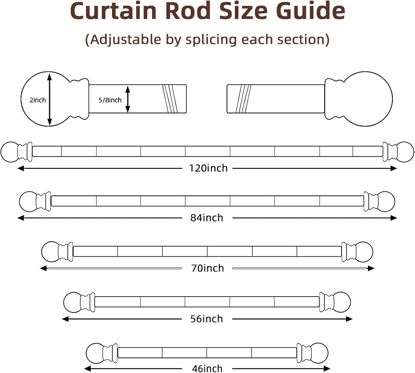 Black Curtain Rods for Window 28 to 48, 5/8 inch Small Decorative Curt