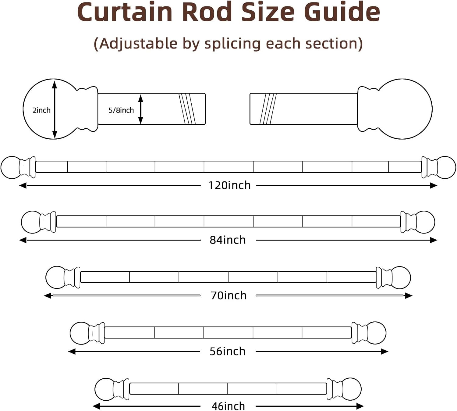 Black Curtain Rods for Window 28 to 48, 5/8 inch Small Decorative Curt