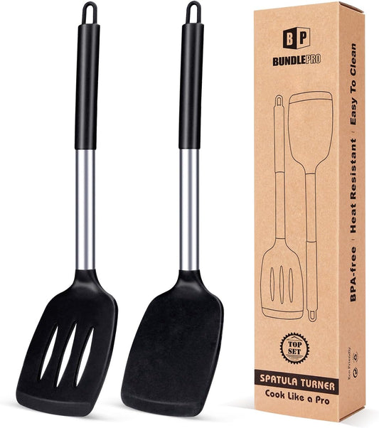 Pack of 2 Silicone Solid Turner, Non Stick Slotted Kitchen Spatulas, H