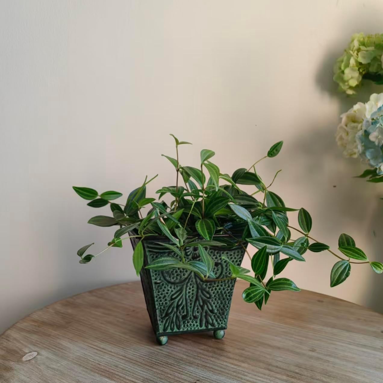 Hosley Set of 4 Green Patina Embossed Metal Planters with Ornate Flora