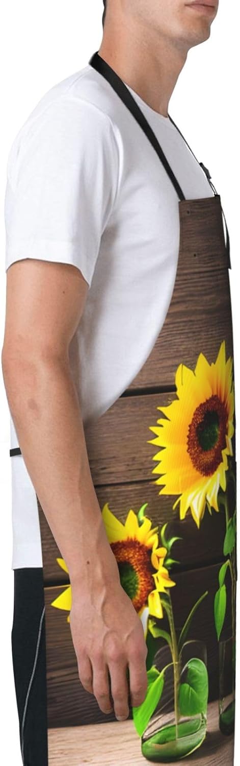 Three Sunflowers on Wooden print Waterproof chef's apron with pocket a