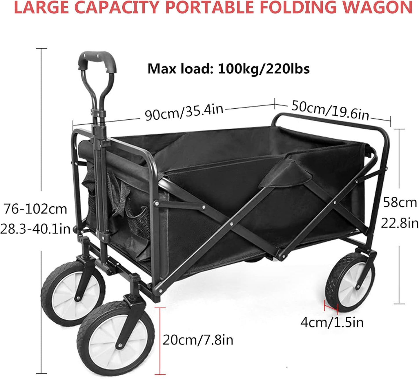 Heavy Duty Collapsible Folding Wagon - Portable Garden Cart with Universal Wheels, Large Capacity Utility Wagon for Outdoor Camping, Beach, Grocery Shopping, Sports, BBQ - Khaki