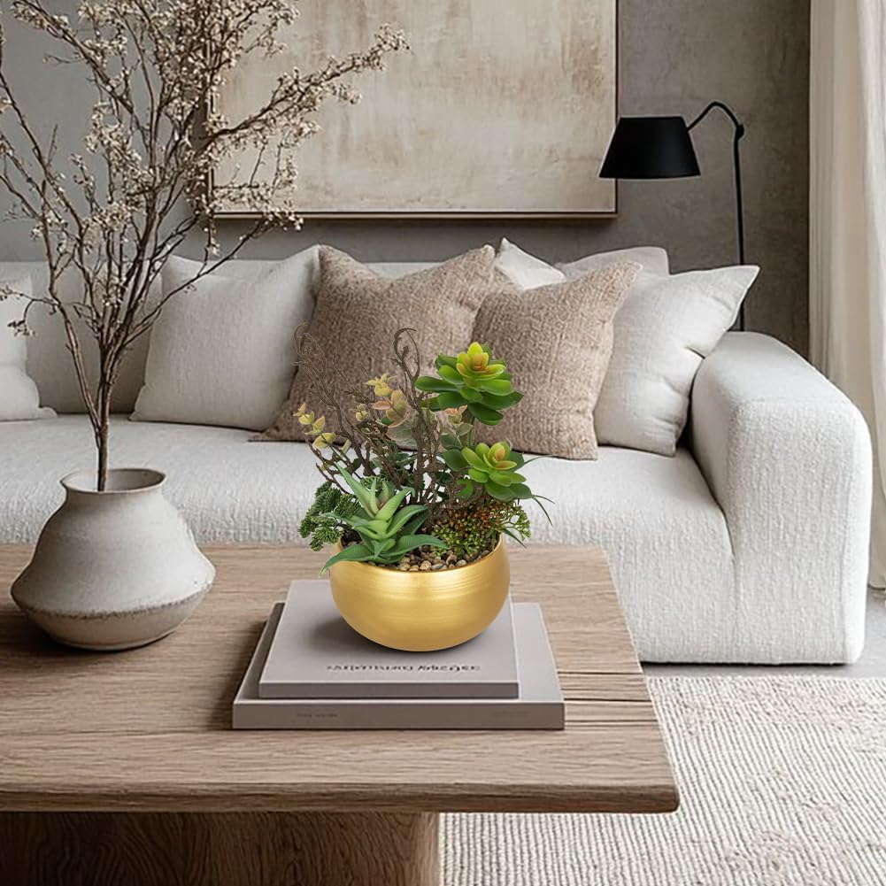 DILATATA Artificial Succulent Plants in Gold Pot Faux Succulent Arrangement Fake Potted Plants with Pebbles for Home Office Desk Shelf Table Decor