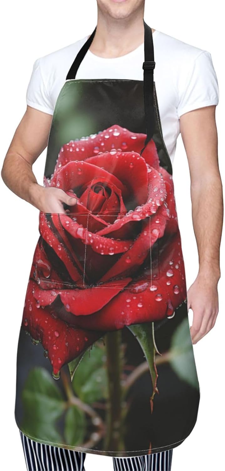 Red Rose print Waterproof apron with pocket adjustable cooking apron f